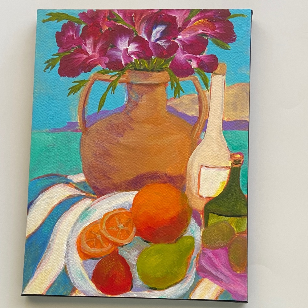 Original Art Mediterranean Terrace Feast Purple Flower Vibrant Still Life Canvas
